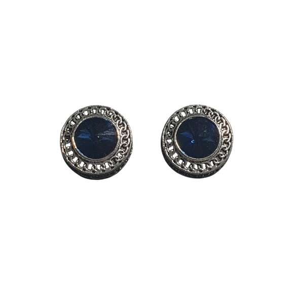Silver Tone Earrings Deep Blue Gemstone Accents Retro Formal Party Core Gift - Picture 2 of 4